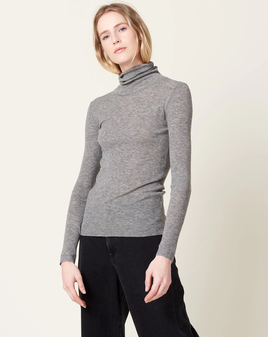 6397 Slim Ribbed Turtleneck Sweater - Medium Grey Women's Knit Top
