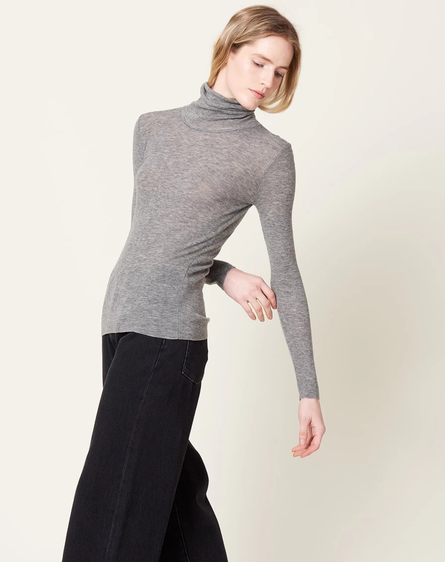 6397 Slim Ribbed Turtleneck Sweater - Medium Grey Women's Knit Top