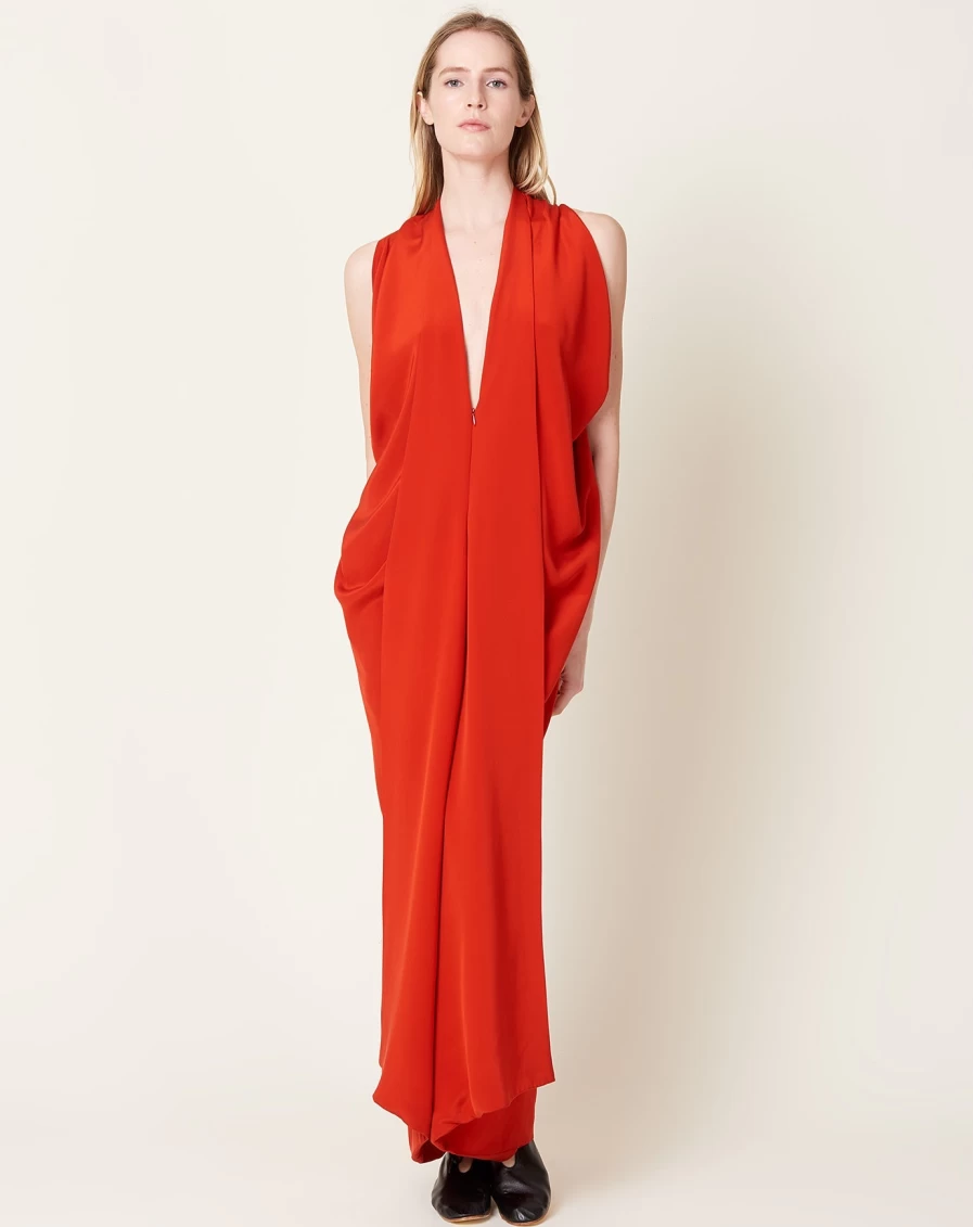 Zero + Maria Cornejo Eve Long Foil Dress in Lucky Red - Metallic Evening Gown for Special Occasions