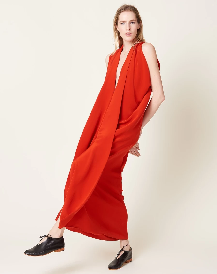 Zero + Maria Cornejo Eve Long Foil Dress in Lucky Red - Metallic Evening Gown for Special Occasions