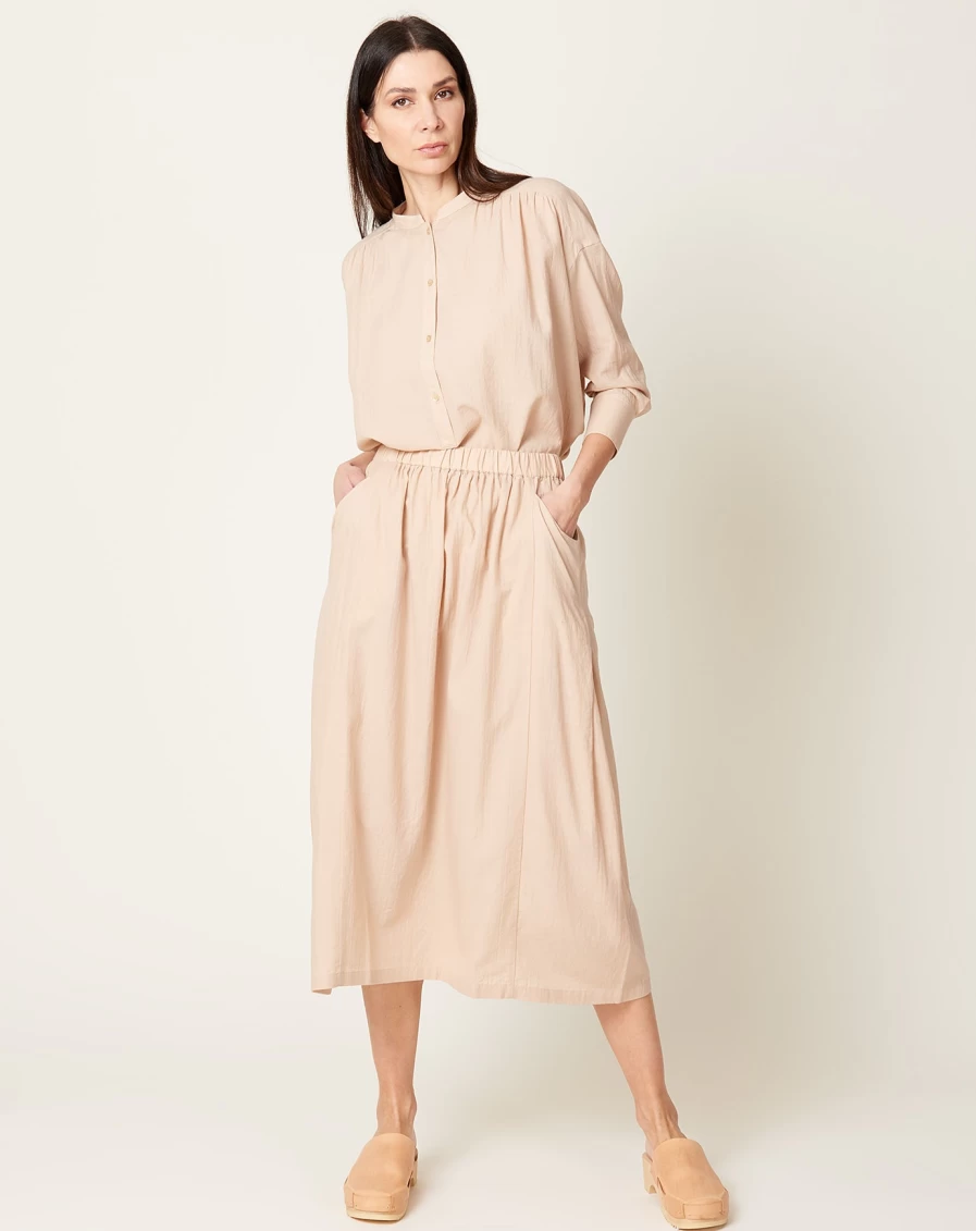 "Evam Eva Ocher Cotton Silk Gathered Skirt – Elegant Women's A-Line Midi Skirt"