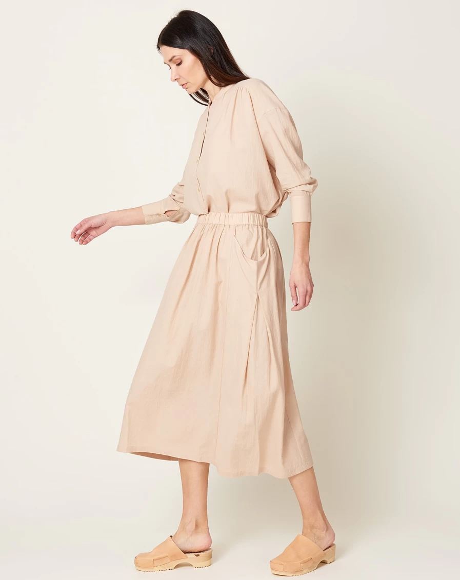 "Evam Eva Ocher Cotton Silk Gathered Skirt – Elegant Women's A-Line Midi Skirt"
