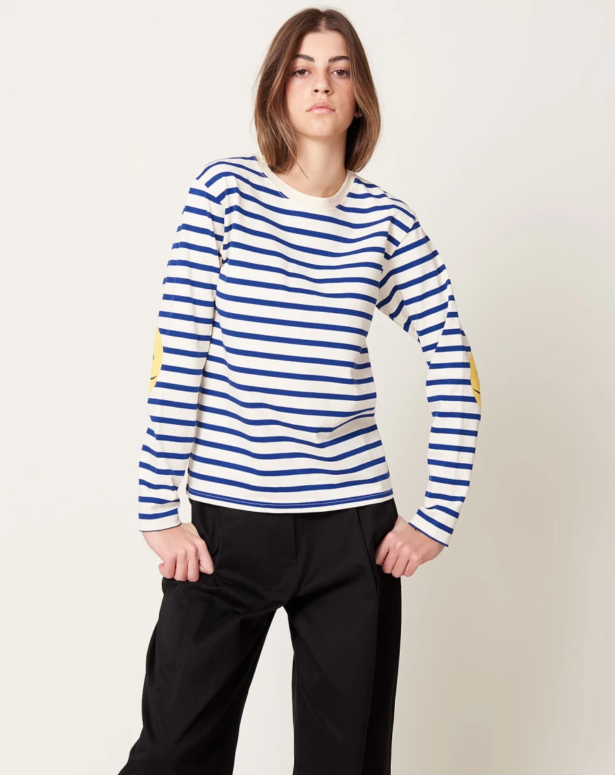 Kapital Ecru & Blue Stripe Jersey Long Sleeve Crewneck T-Shirt with Rainbow Patch