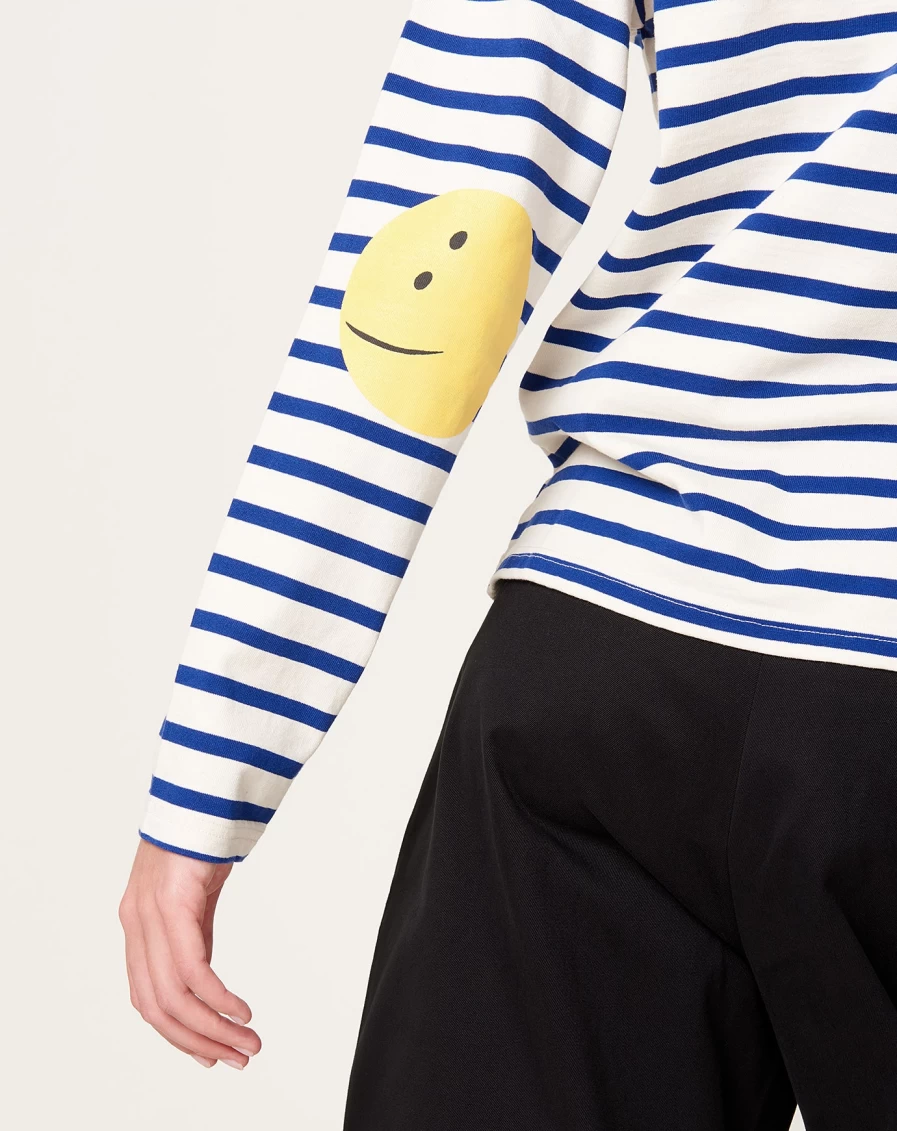 Kapital Ecru & Blue Stripe Jersey Long Sleeve Crewneck T-Shirt with Rainbow Patch