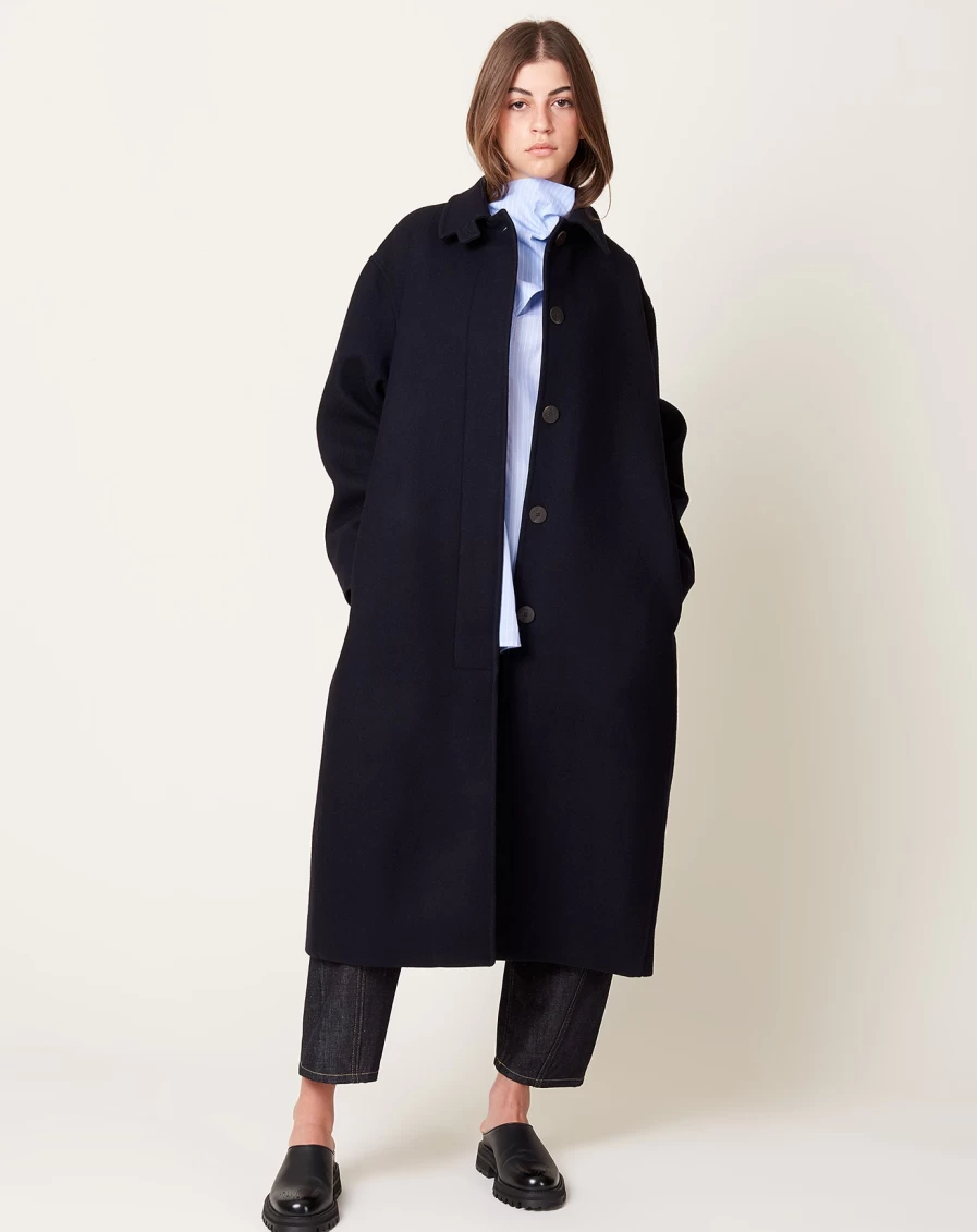Studio Nicholson Ria Coat - Dark Navy Wool Blend Women's Trench Coat