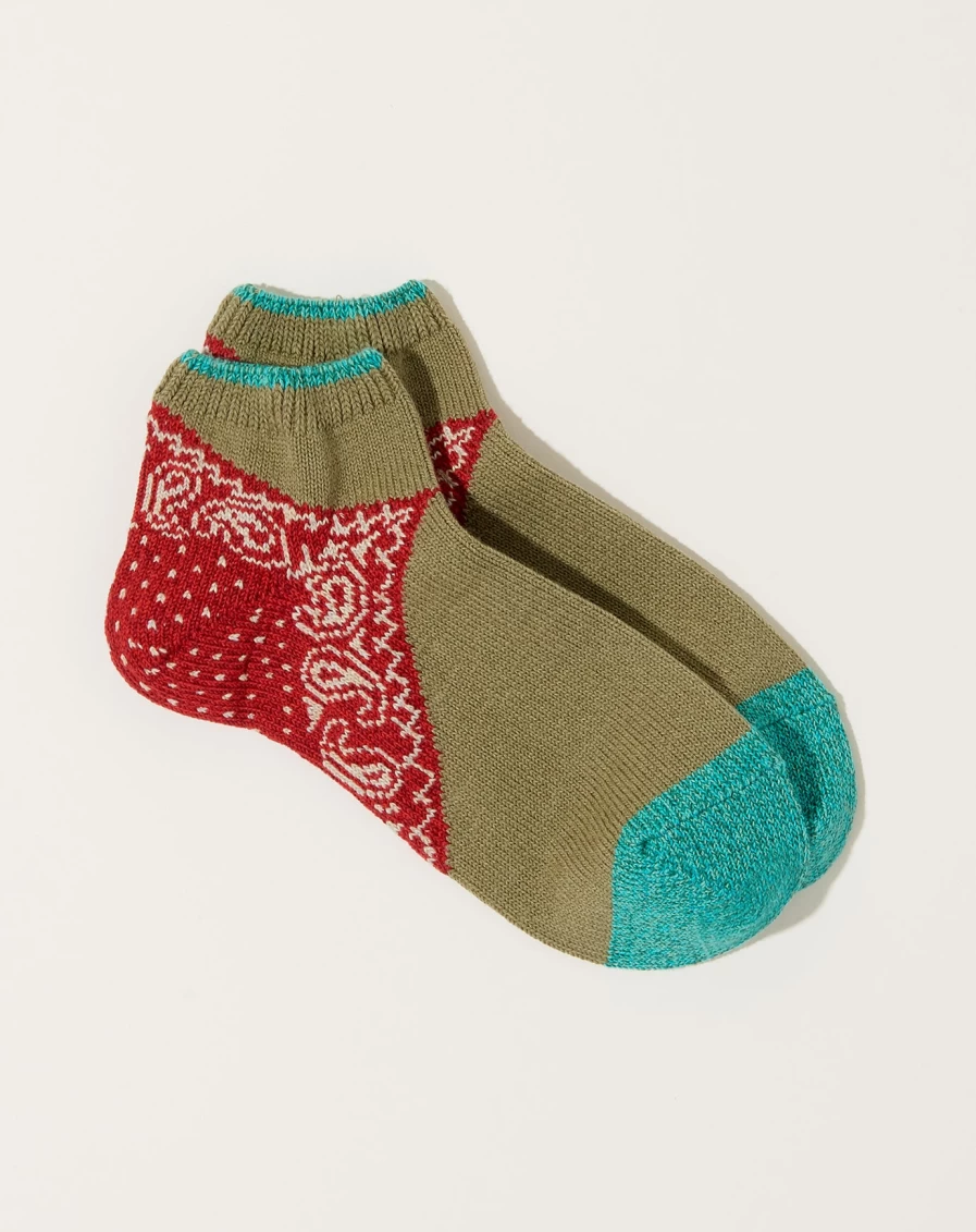 Covet + Lou Khaki & Red Paisley Bandana Ankle Socks - 96 Yarns Soft Heel Comfort