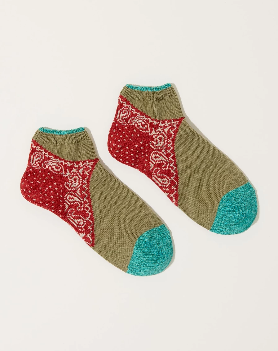 Covet + Lou Khaki & Red Paisley Bandana Ankle Socks - 96 Yarns Soft Heel Comfort