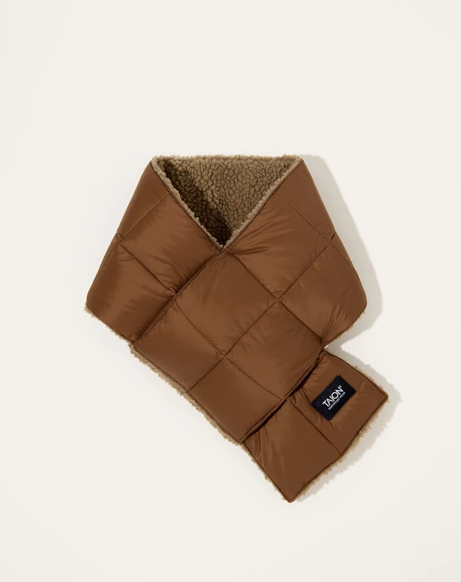 Taion Reversible Mountain Down Jacket with Boa Scarf - Light Brown & Beige Waterproof Winter Coat