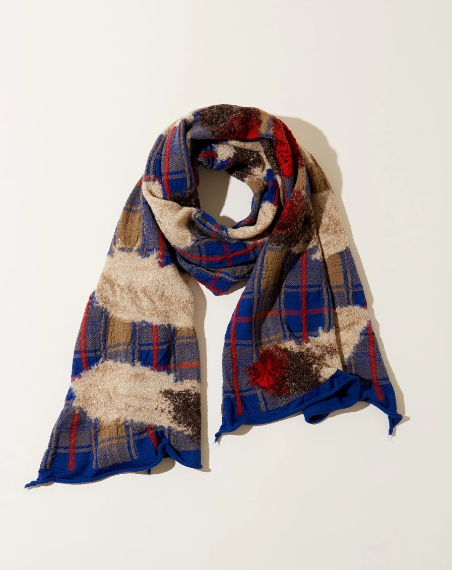 Kapital Blue Feather Tartan Scarf - Vintage Plaid Wool Wrap