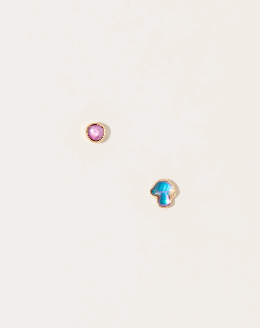 Grainne Morton Unique Pink Mushroom Pearl Stud Earrings Mismatched Vintage Design