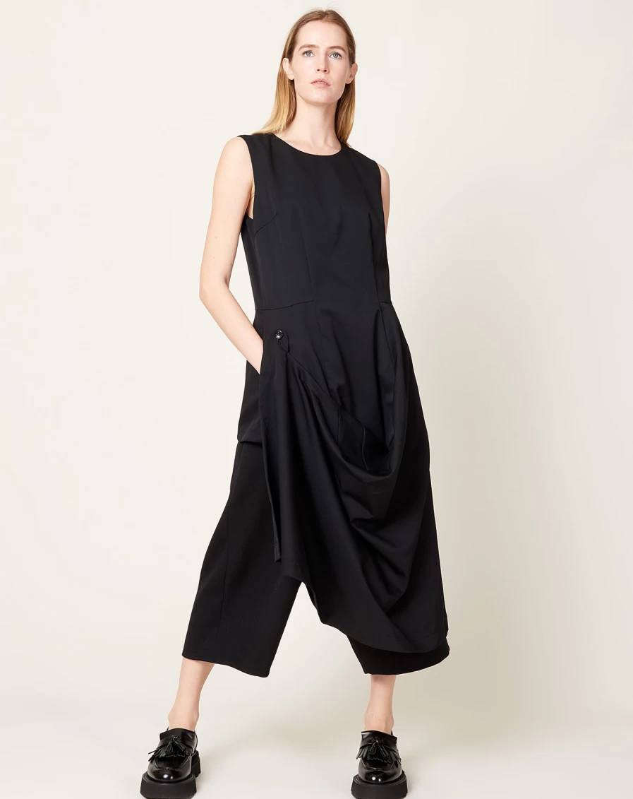 Comme des Garçons Wool Black Button Drape Dress