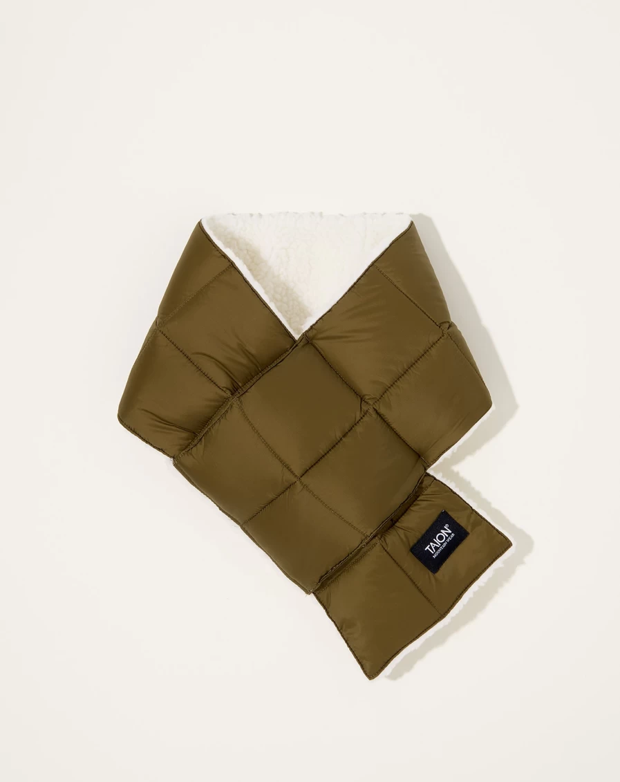 Taion Reversible Mountain Down Jacket with Boa Scarf - Olive & Ivory Waterproof Winter Coat