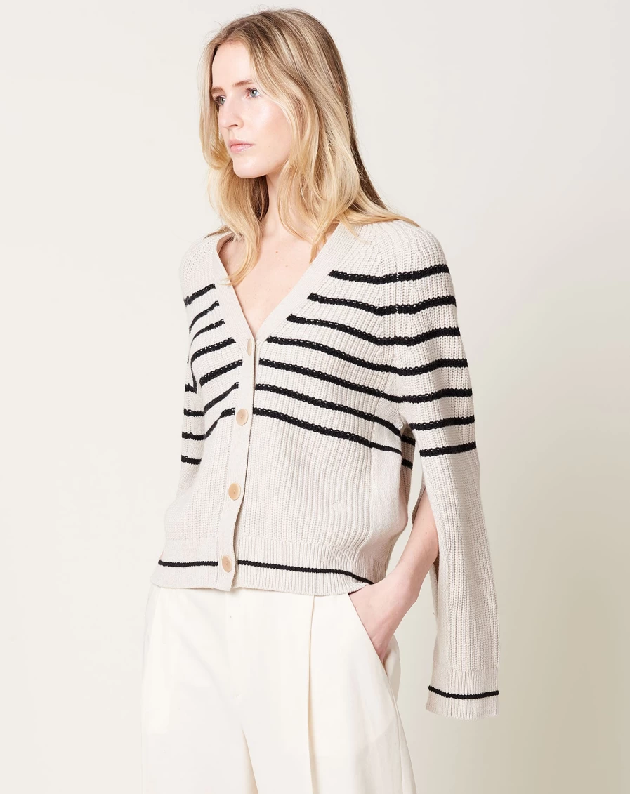 Maria McManus Cocoon Split Sleeve Cardigan - Cream & Black Striped Knit Sweater