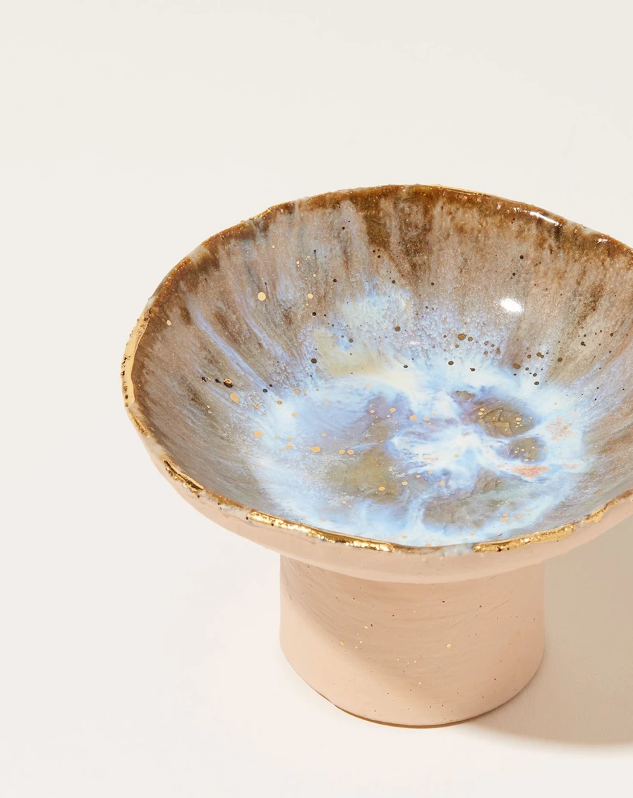 Minh Singer Small Pedestal Bowl - Light Dancing On Water Design - Icelandic Inspired Ceramic Decor