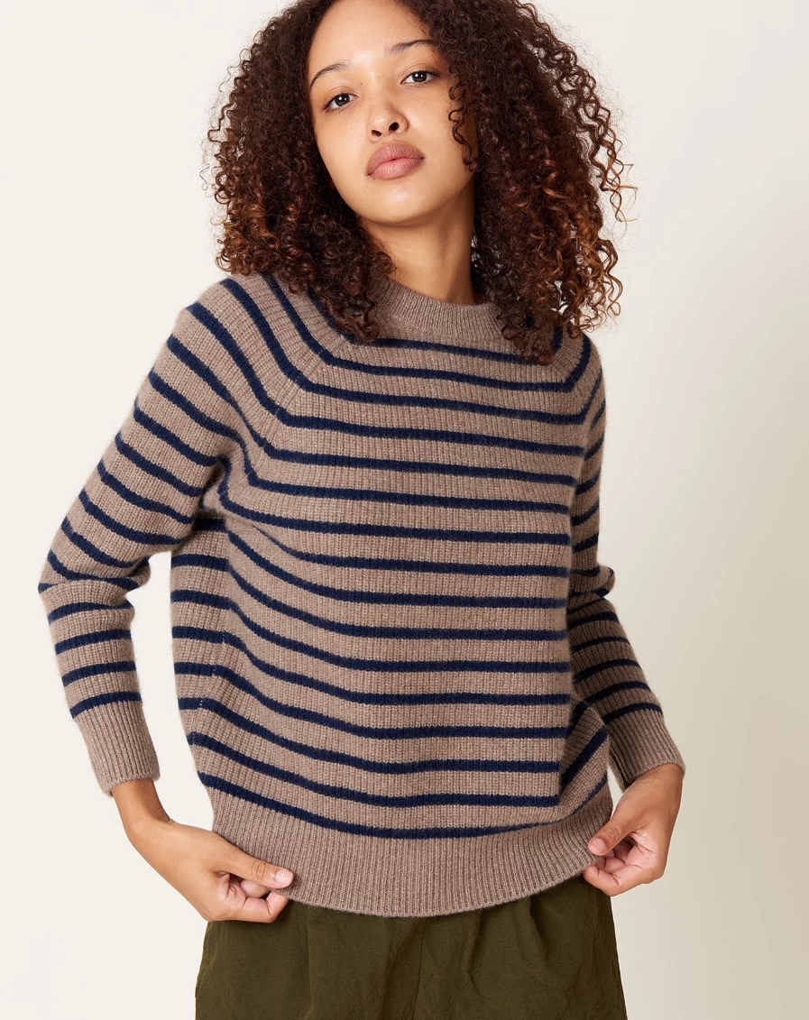 Demylee Non-Dye Beige & Bright Navy Striped Sweater - Soft Cotton Knit Top
