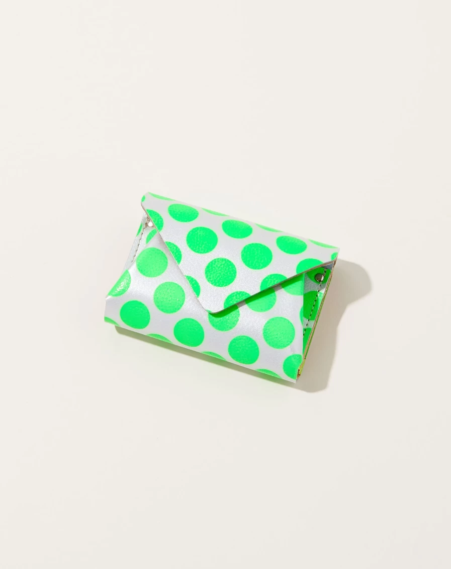 Carmine Neon Green Clear Dot Compact Wallet – Slim RFID Blocking Card Holder