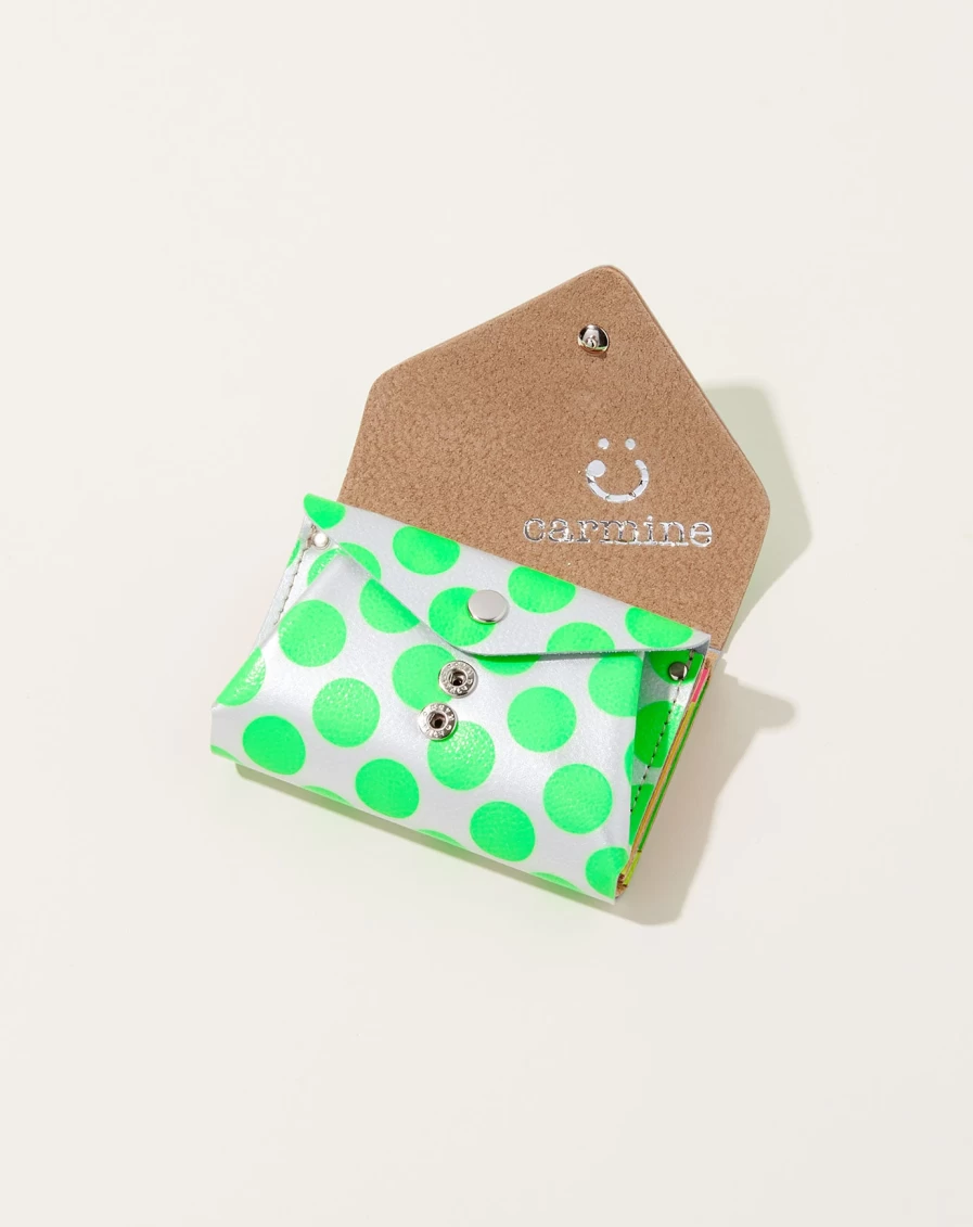 Carmine Neon Green Clear Dot Compact Wallet – Slim RFID Blocking Card Holder