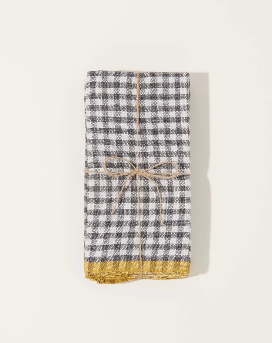 Caravan Grey & Dijon Two-Tone Gingham Napkins - Set of 4 Premium Cotton Table Linens