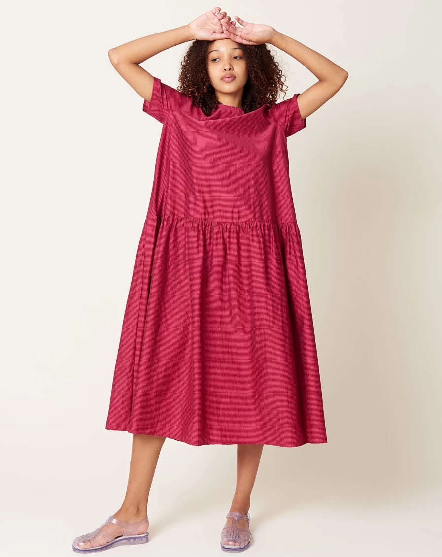 Apuntob Women's Cotton Silk Striped Dress - Raspberry Red & Tomato Red Summer Maxi Dress