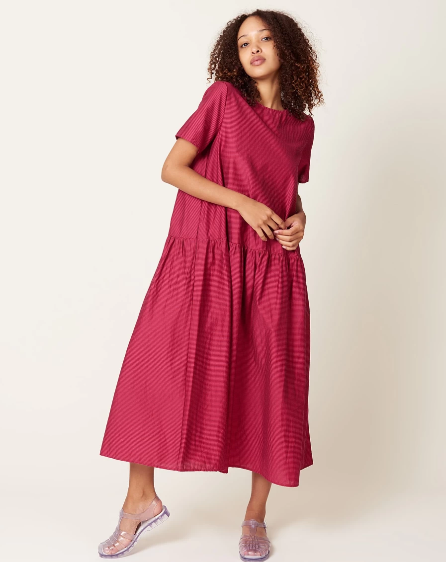 Apuntob Women's Cotton Silk Striped Dress - Raspberry Red & Tomato Red Summer Maxi Dress