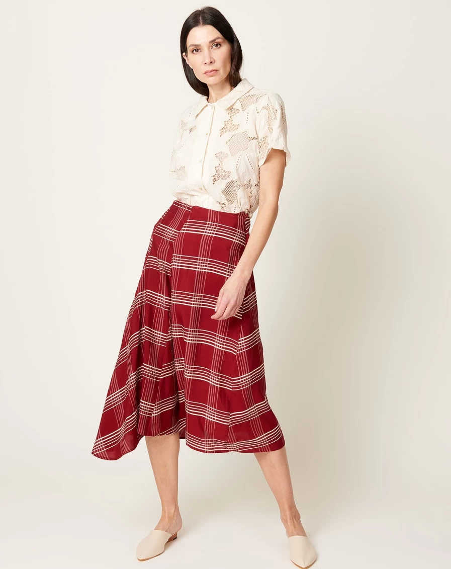 Caron Callahan Camden Crimson Embroidered Plaid Skirt | Women's Tartan A-Line Mini Skirt