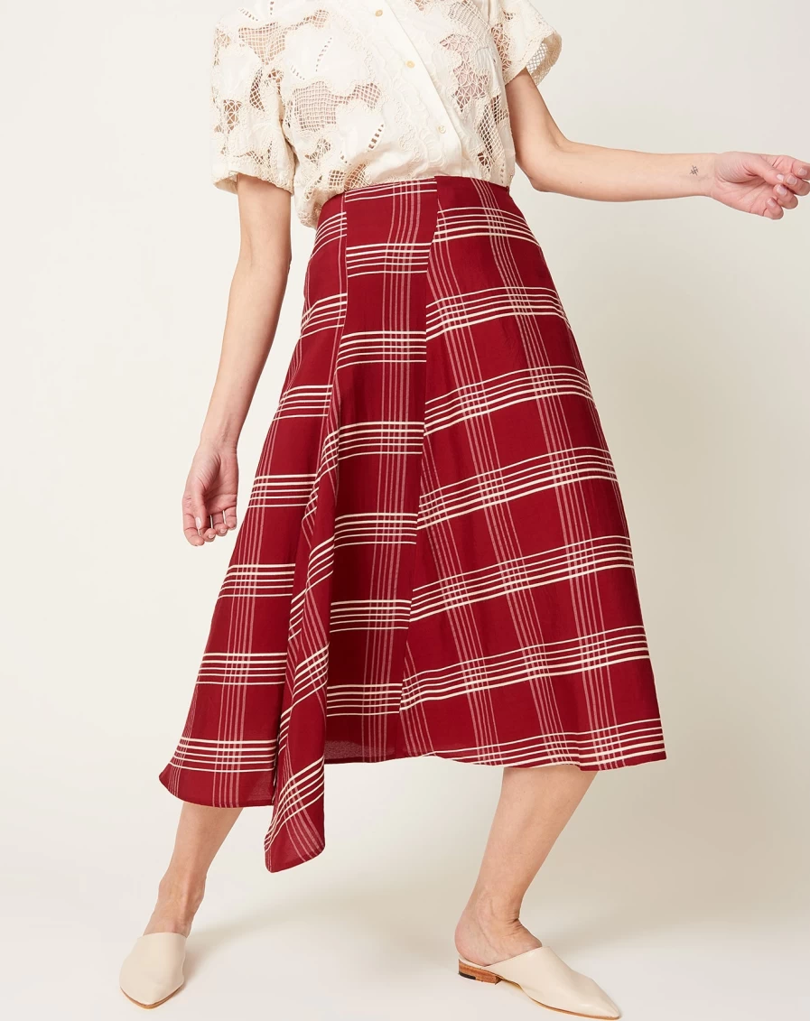 Caron Callahan Camden Crimson Embroidered Plaid Skirt | Women's Tartan A-Line Mini Skirt