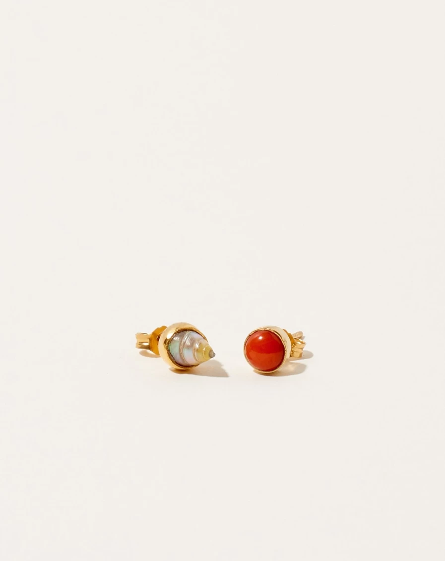 Grainne Morton Mismatched Shell and Coral Stud Earrings - Unique Handmade Jewelry