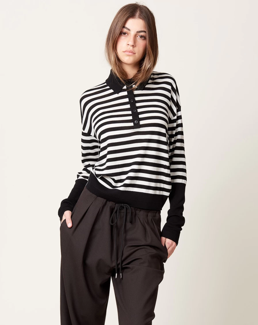 Maria McManus Black Striped Long Sleeve Polo Shirt for Men & Women