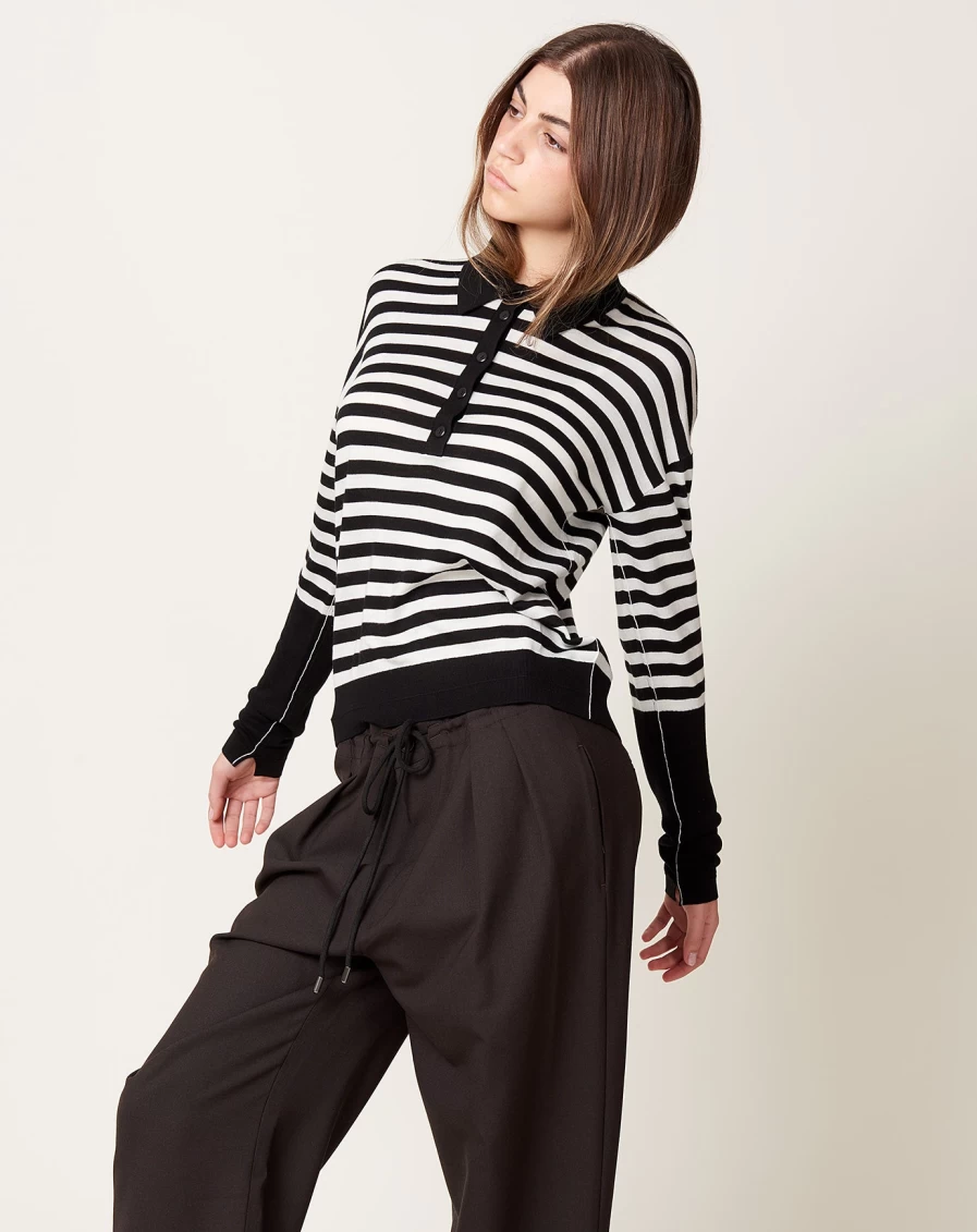 Maria McManus Black Striped Long Sleeve Polo Shirt for Men & Women