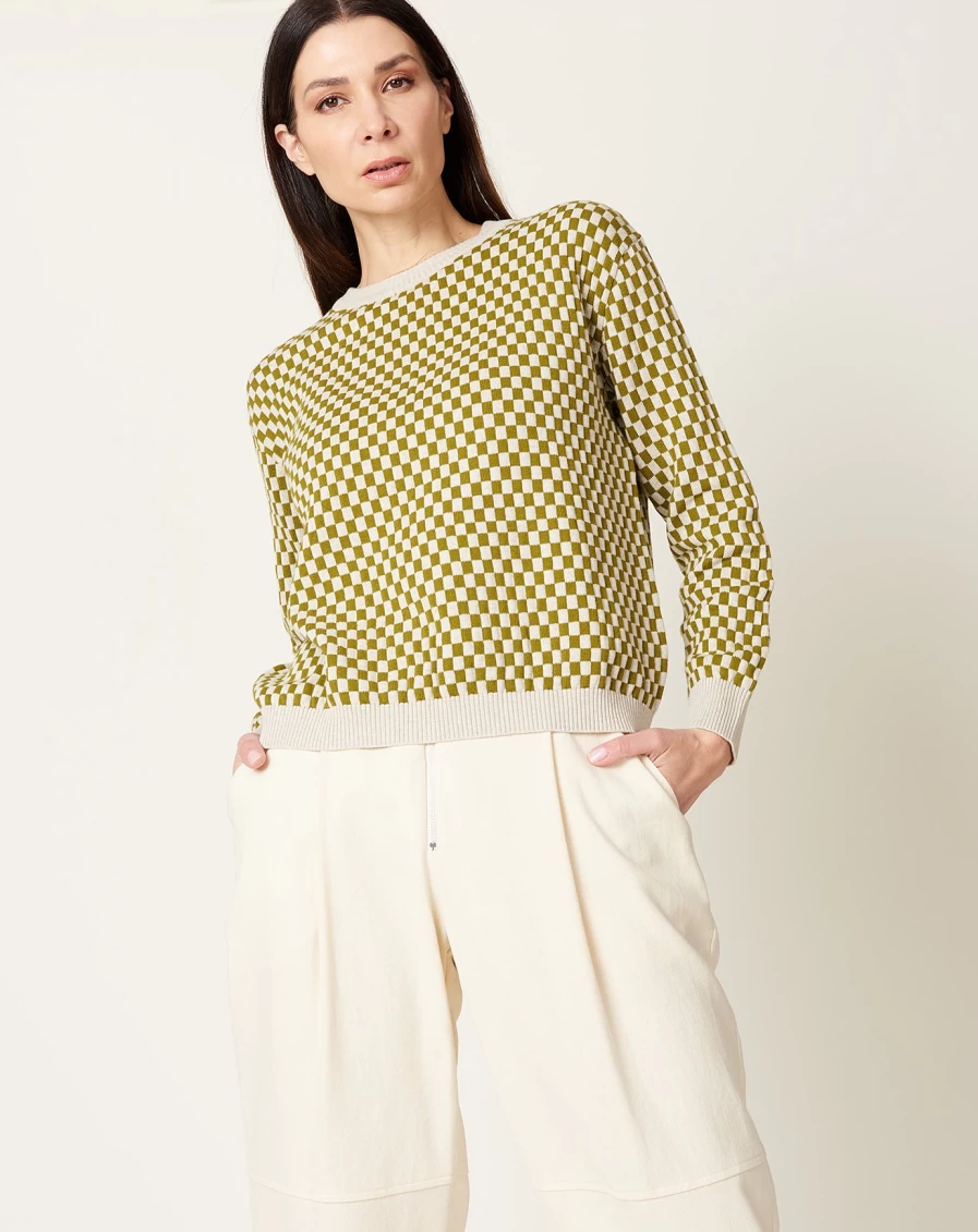 Kowtow Checkerboard Knit Crewneck Sweater in Organic Cotton Lawn Check Pattern