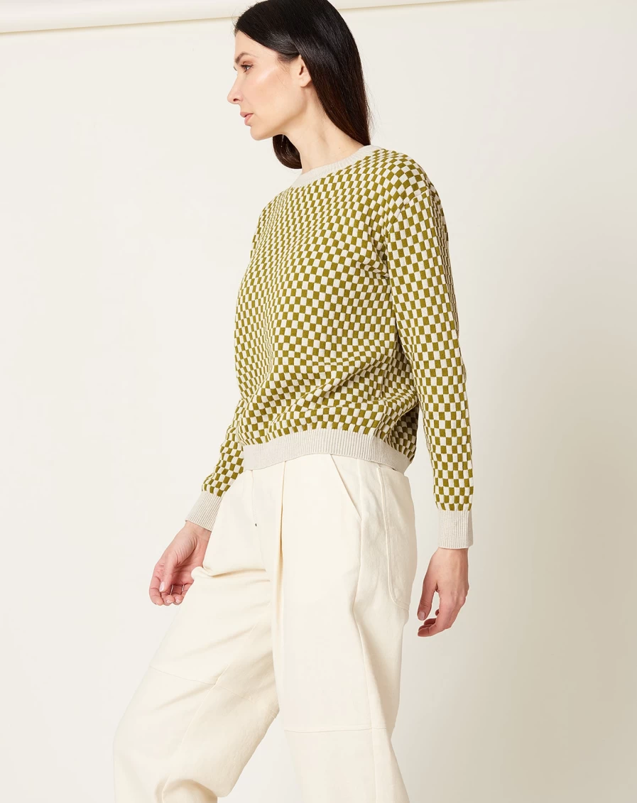 Kowtow Checkerboard Knit Crewneck Sweater in Organic Cotton Lawn Check Pattern