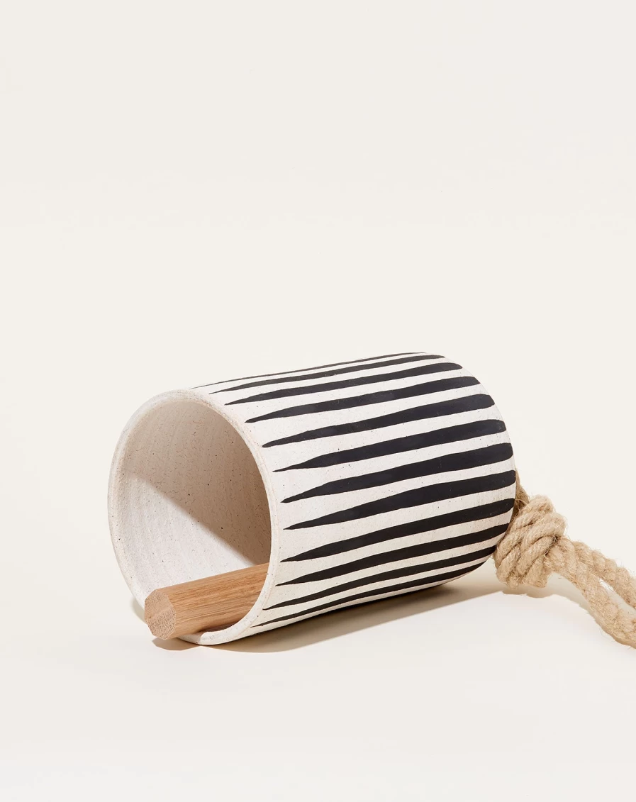 "Tall Black Striped Thrown Bell by MQuan Studio – Handcrafted Ceramic Decorative Piece"