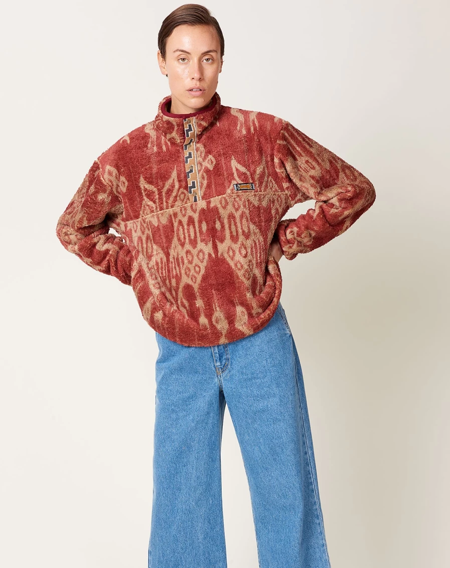 Kapital Red Java Kasuri Fleece Pullover - Japanese Vintage Style Warm Hoodie