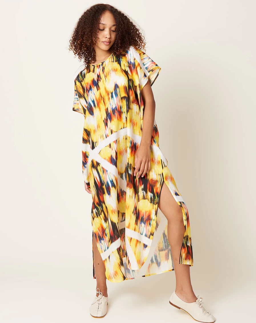 Zero + Maria Cornejo Linen Caftan Dress - Curve Rae Blur Print Flowy Beach Cover-Up