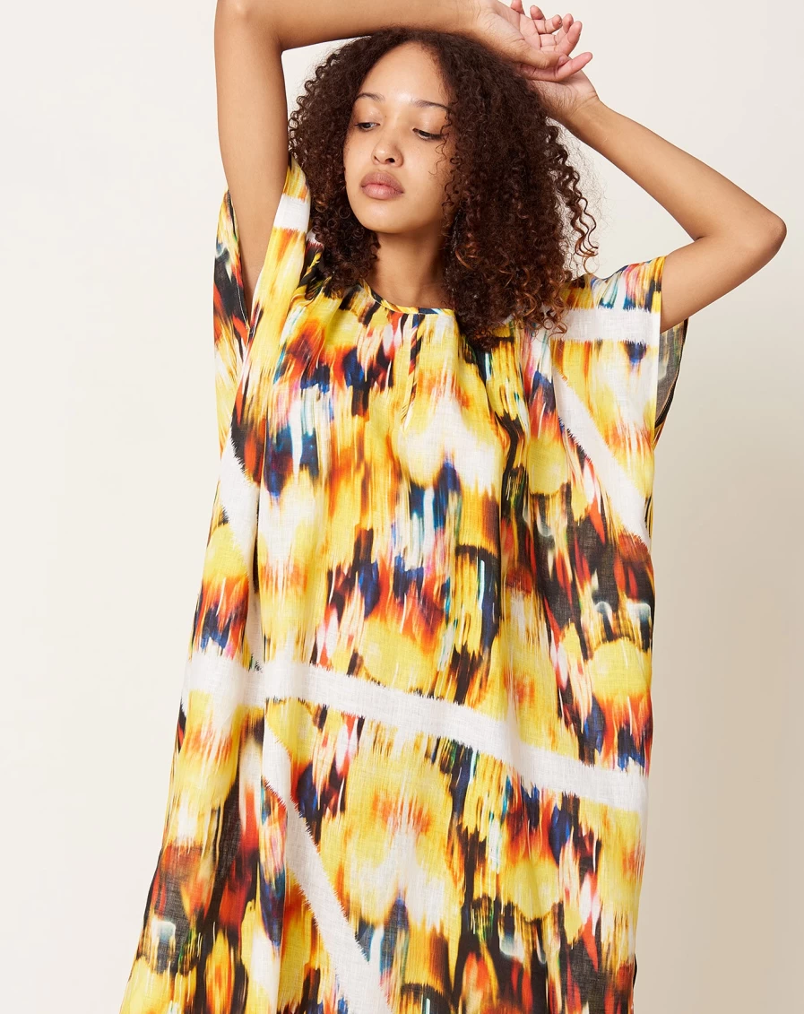Zero + Maria Cornejo Linen Caftan Dress - Curve Rae Blur Print Flowy Beach Cover-Up
