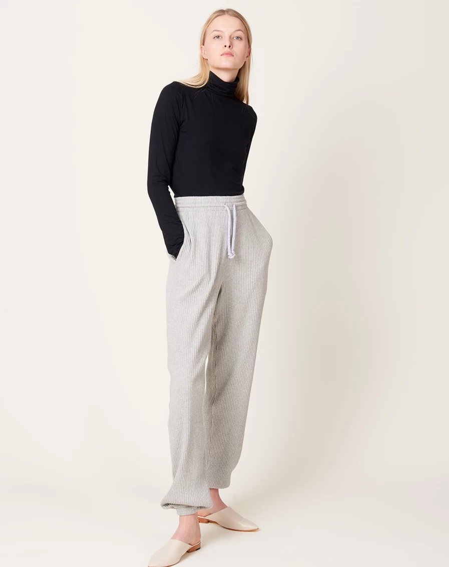 Baserange Grey Melange Fleece Rib Sweatpants - Soft High-Waisted Comfort Pants