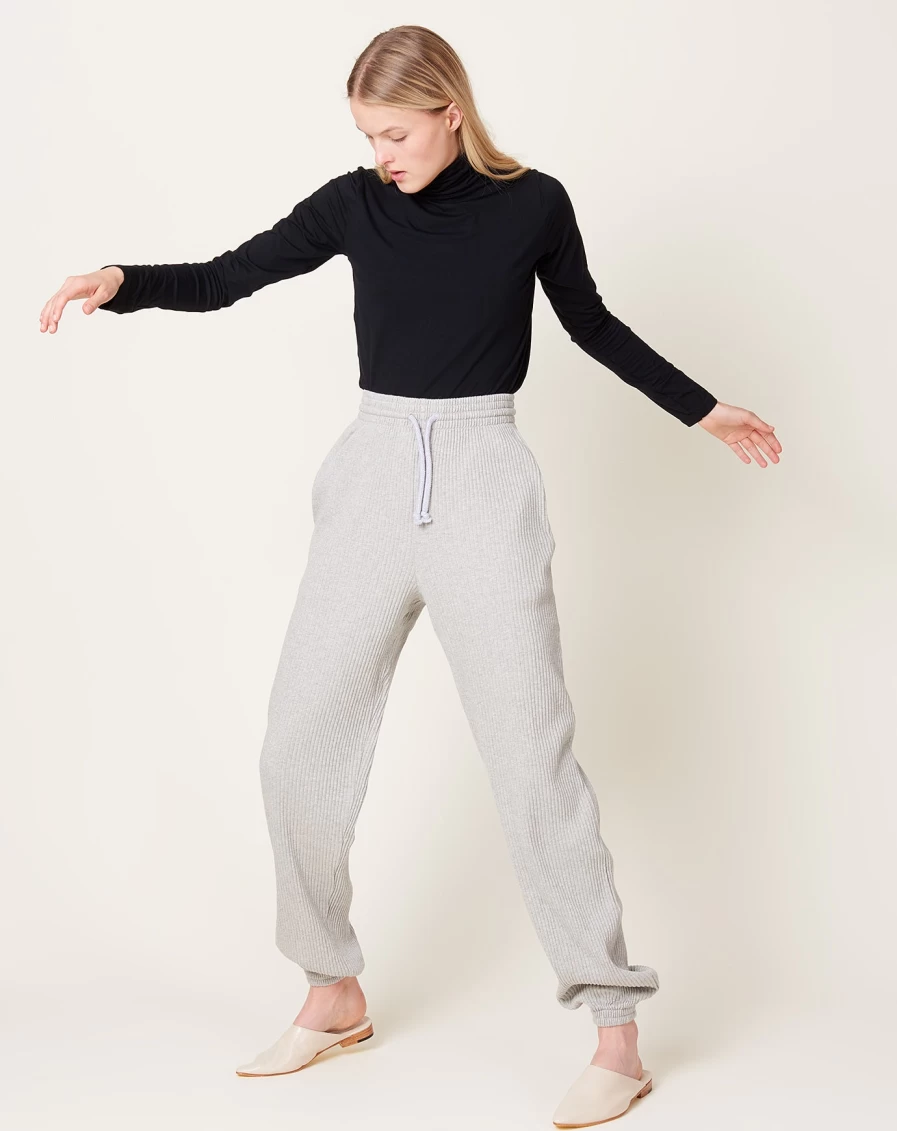 Baserange Grey Melange Fleece Rib Sweatpants - Soft High-Waisted Comfort Pants