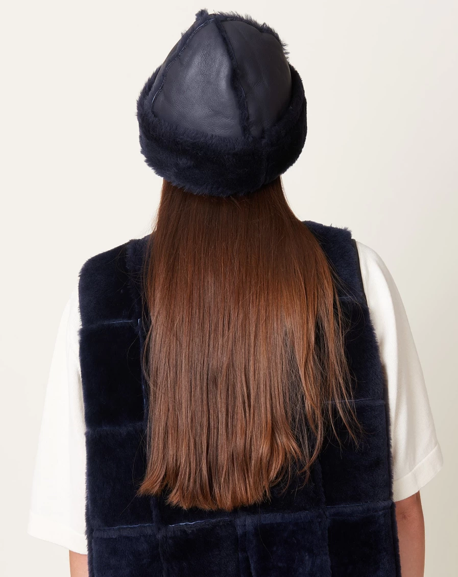 Cawley Navy Sheepskin Leather Hat with Seam Detail – Premium Men's Winter Headwear