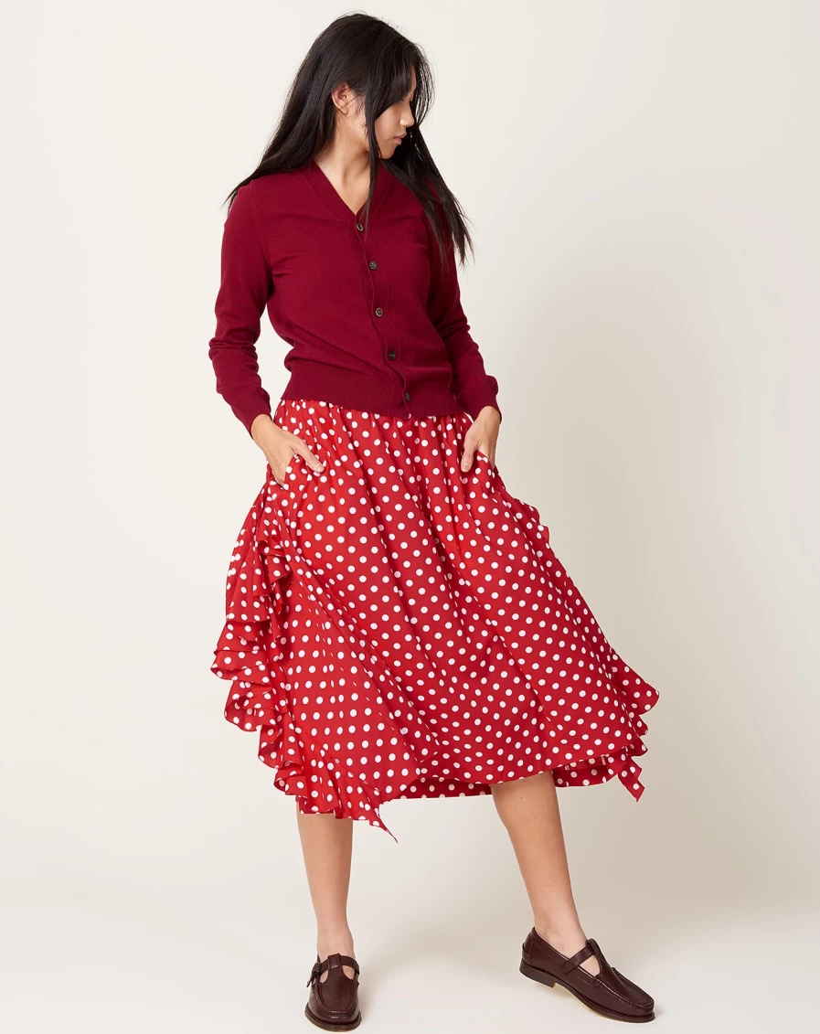 Comme des Garçons Red and White Polka Dot Midi Skirt - Classic Broad Dot Pattern