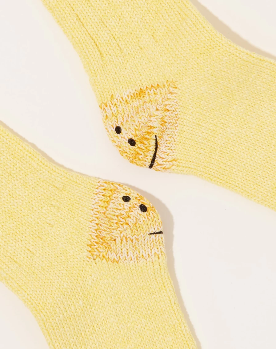 Kapital Yellow Rainbow Stripe 3X1 Rib Happy Heel Socks - 56 Yarns Colorful Knit Socks