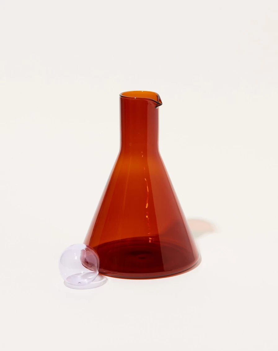 Sophie Lou Jacobsen Amber Bilboquet Carafe with Lilac Design - Handcrafted Glass Pitcher
