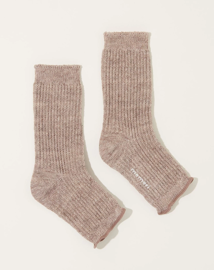 "Nishiguchi Kutsushita Linen Sandal Socks - Breathable Summer Footwear in White & Brown"