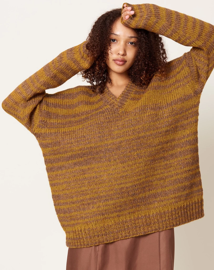 "6397 70s Brown V-Neck Tunic with Uneven Stripes Retro Vintage Style"