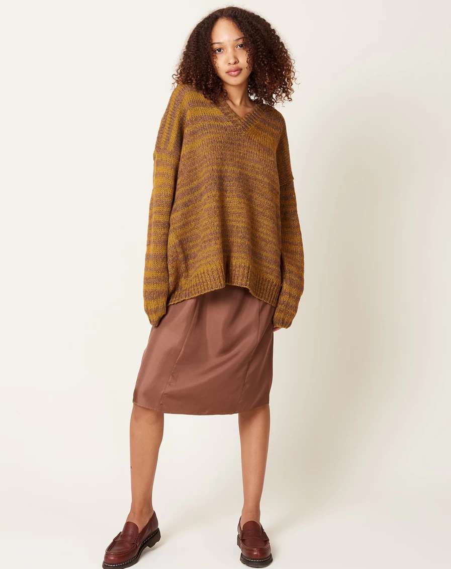 "6397 70s Brown V-Neck Tunic with Uneven Stripes Retro Vintage Style"