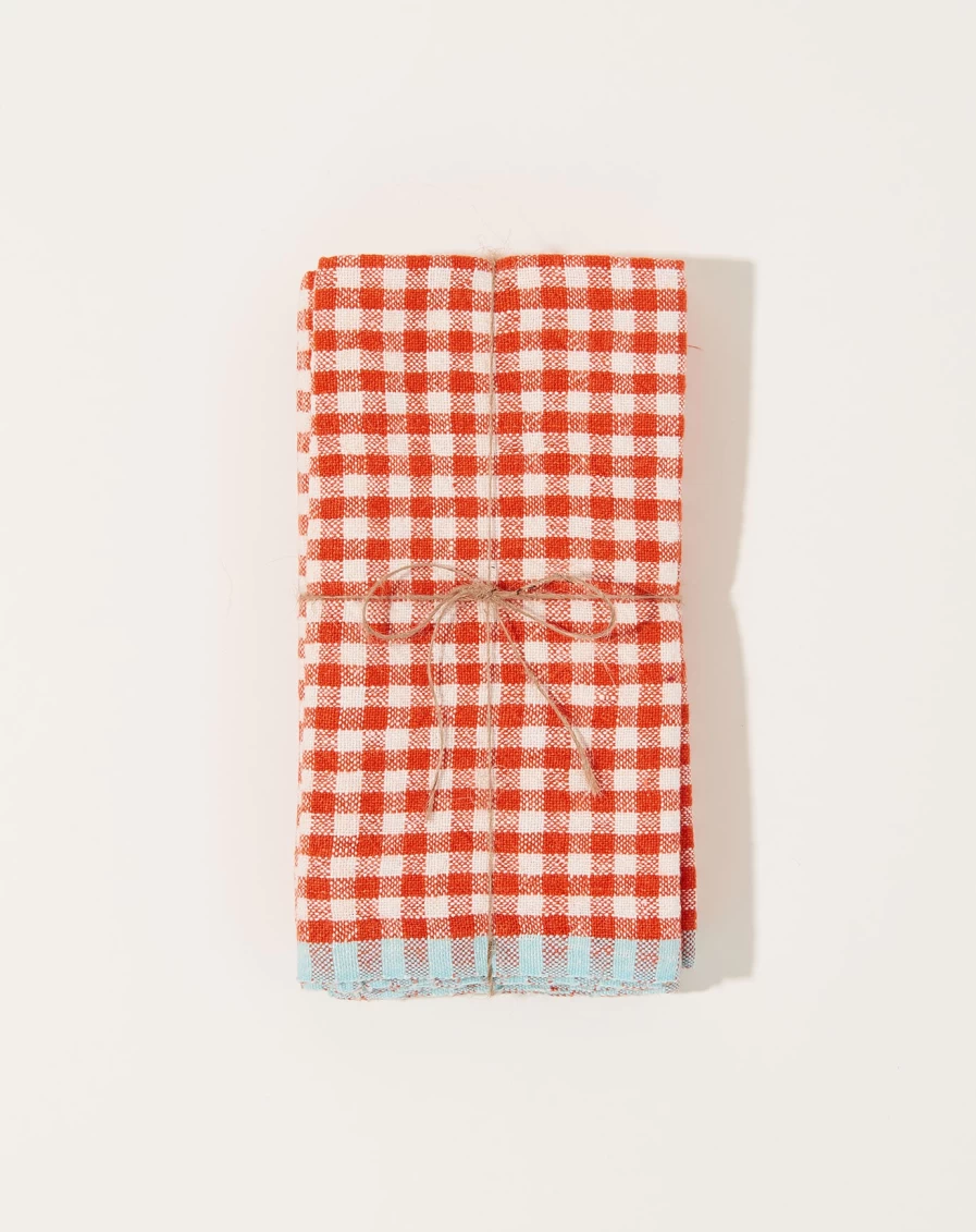 Caravan Orange & Aqua Two-Tone Gingham Napkins, Set of 4 - Premium Cotton Table Linens for Dining & Decor