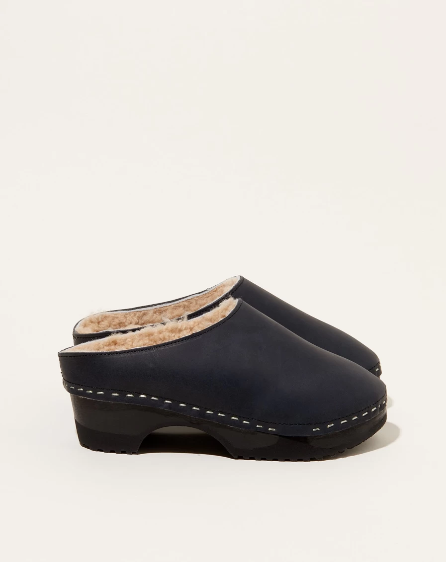 Rosa Mosa Leo Black & Camel Shearling Clog Shoes - Comfortable Slip-On Loafers