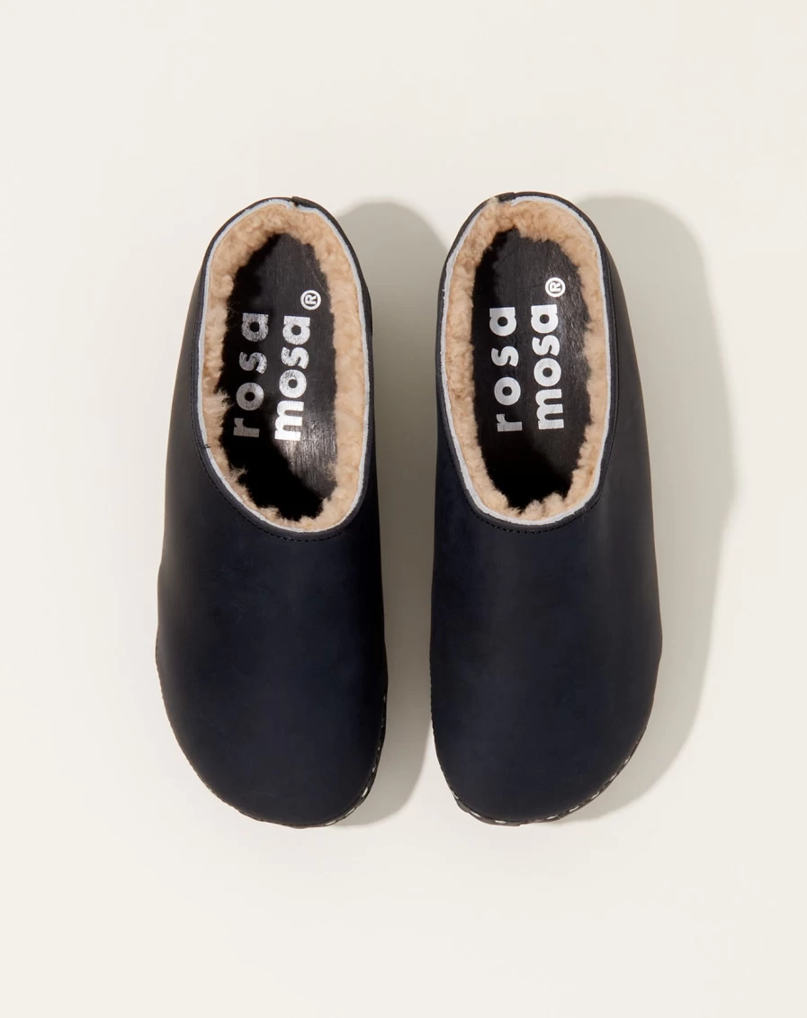 Rosa Mosa Leo Black & Camel Shearling Clog Shoes - Comfortable Slip-On Loafers