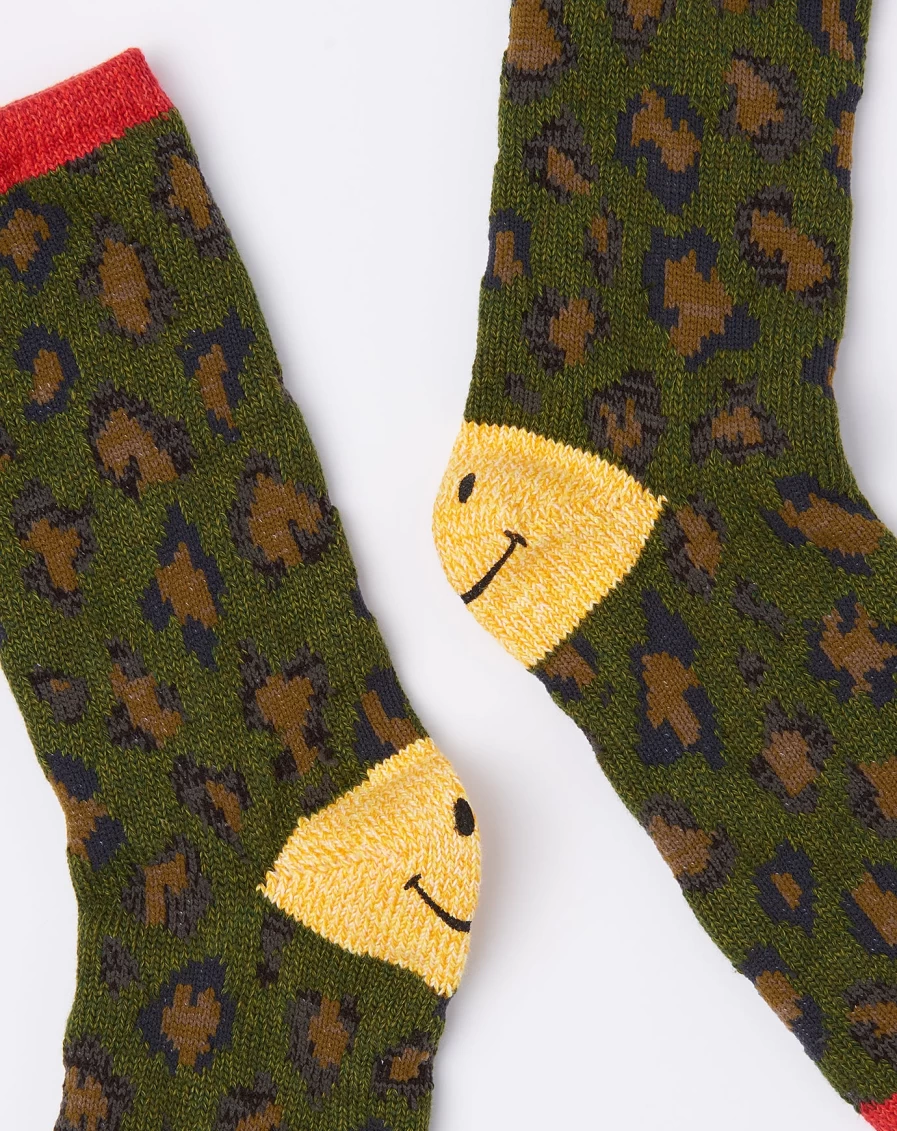 Kapital Green Leopard Print Smilie Heel Socks - Funky Patterned Footwear