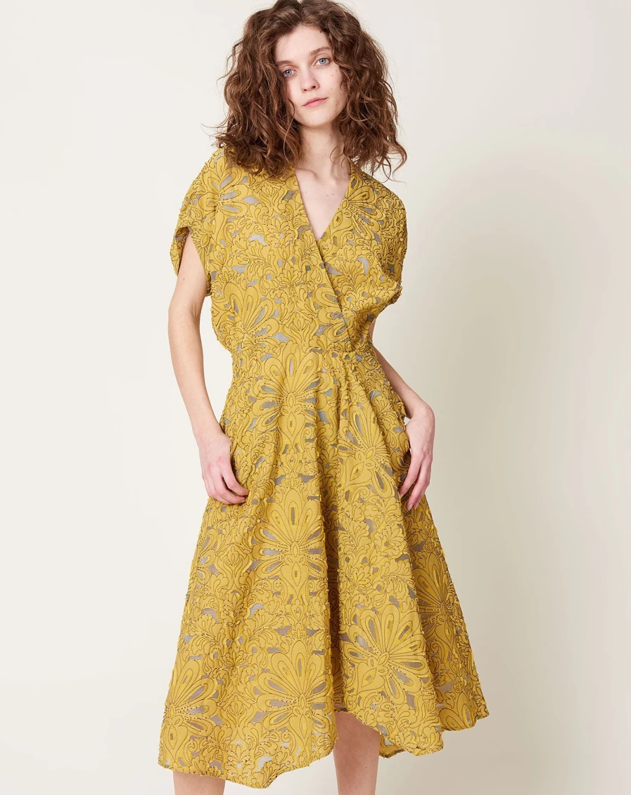 Zero + Maria Cornejo Aki Wave Canary Yellow Damask Lace Dress