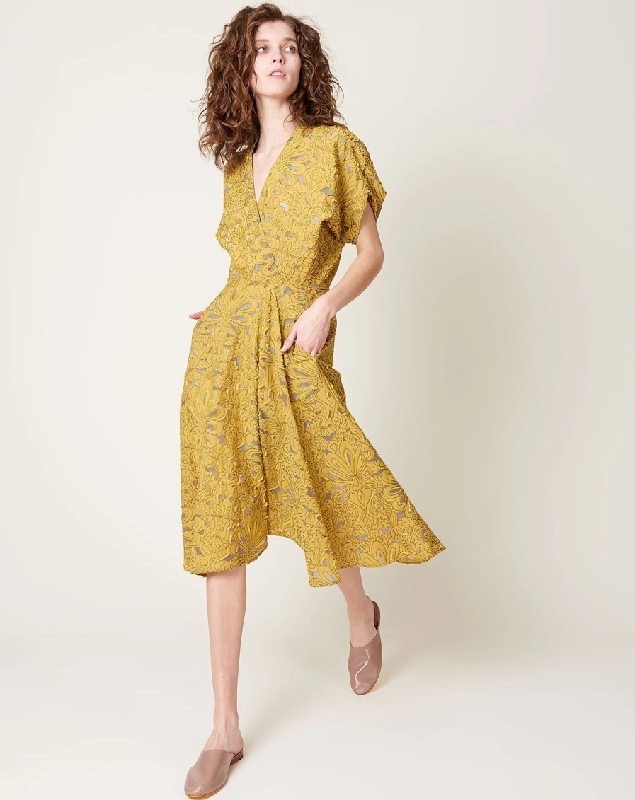 Zero + Maria Cornejo Aki Wave Canary Yellow Damask Lace Dress